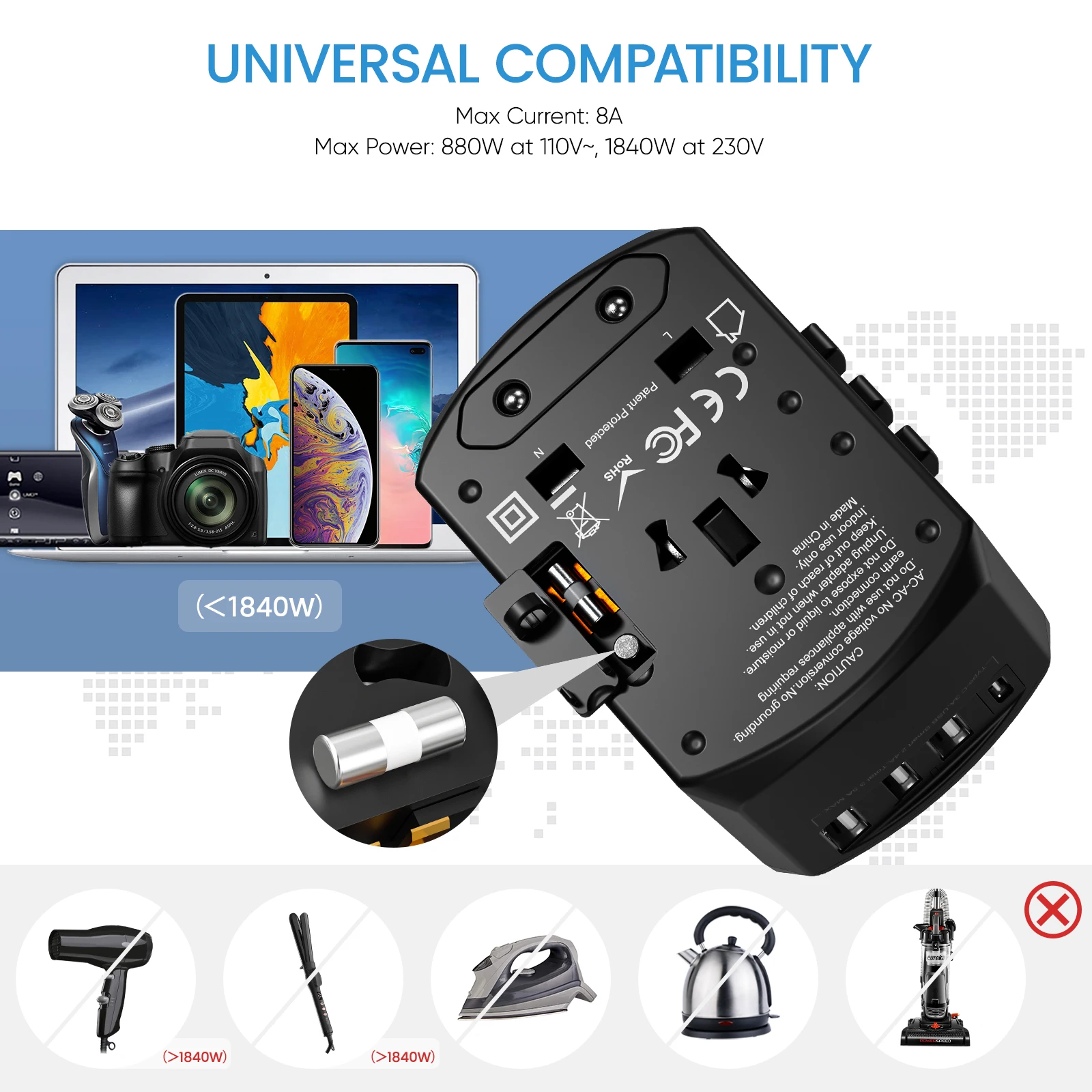 Universal Travel Adapter Travel Charger with 3 USB Ports and 1 Type C for US EU UK AUS