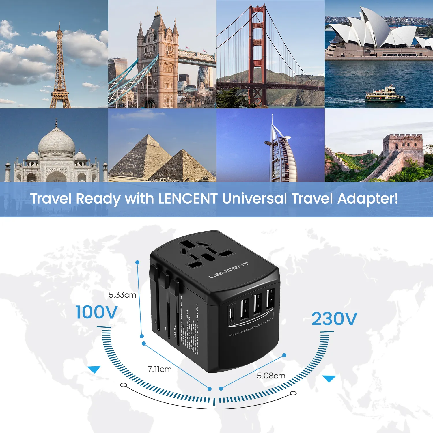 Universal Travel Adapter Travel Charger with 3 USB Ports and 1 Type C for US EU UK AUS