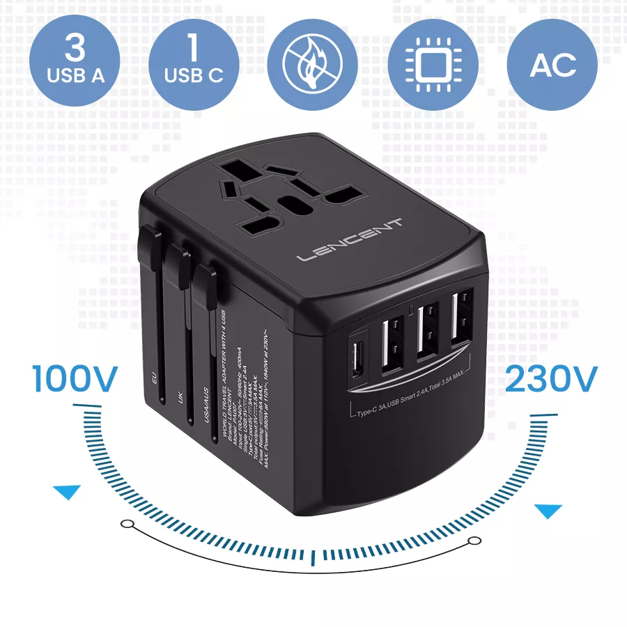 Universal Travel Adapter Travel Charger with 3 USB Ports and 1 Type C for US EU UK AUS