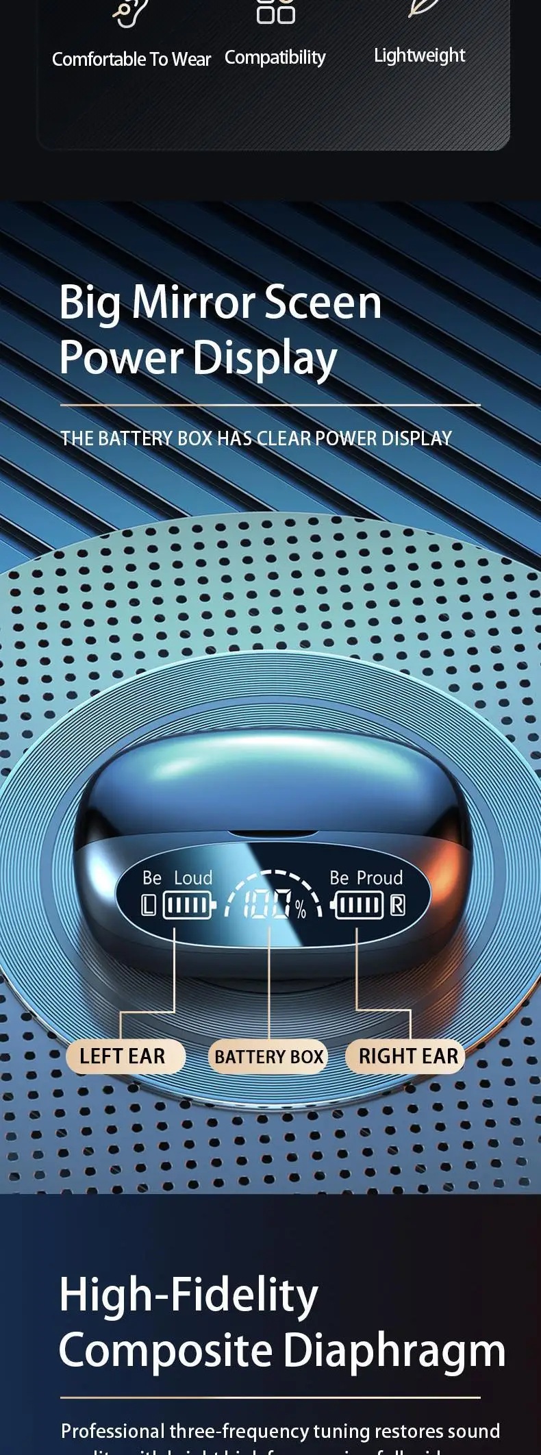 Earbud with big screen shows the charging status.